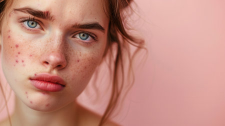 A close-up portrait of a young woman with acne on her face, looking directly at the camera with a sad expression.の素材
