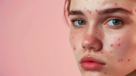 A close-up portrait of a young woman with acne on her face. She is looking directly at the camera with a sad expression. The image is taken against a pink background.の素材