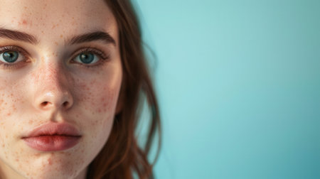 A close-up photograph of a young woman with acne on her face. Her skin is clear, but she has several visible blemishes.の素材