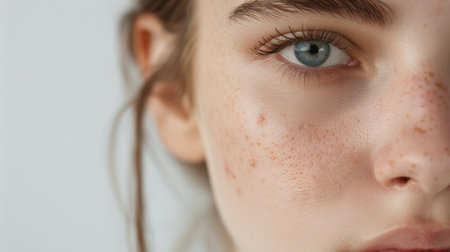 A close-up portrait of a young woman with acne on her face.の素材