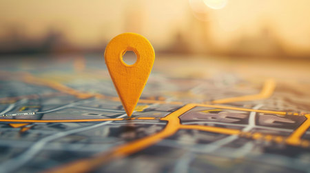 A yellow location pin sits on a detailed city map, highlighting the center of the image. The background is blurred, creating a clean and modern look.の素材