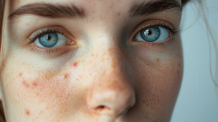 A close-up portrait of a young woman with acne. Her skin is red and irritated. Her blue eyes are visible. She appears sad and concerned about her acne.の素材