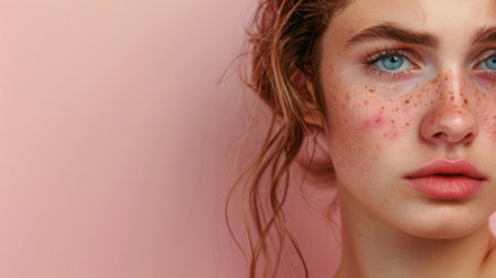 A close-up portrait of a young woman with acne on her face. The photo is taken against a light pink background and shows her face from the cheekbone to the chin.の素材