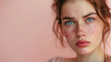 A close-up portrait of a young woman with acne. She has a sad expression on her face.の素材