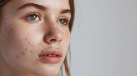 A close-up portrait of a young woman with acne on her face. She has a sad expression and appears to be struggling with her skin condition.の素材