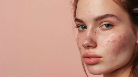 A close-up portrait of a young woman with acne on her face, looking directly at the camera.の素材