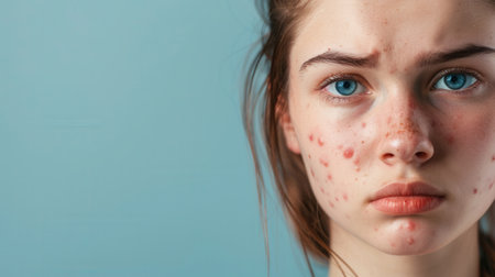 A close-up portrait of a young woman with acne on her face. She has blue eyes and is looking directly at the camera. The background is a light blue color.の素材