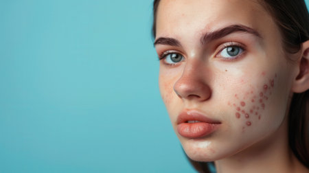 A young woman with acne on her face looks directly at the camera. She has a sad expression. The photo is a close-up, and the background is a light blue.の素材