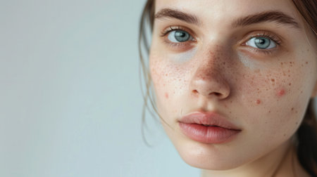 A close-up portrait of a young woman with acne, showing her skins imperfections.の素材