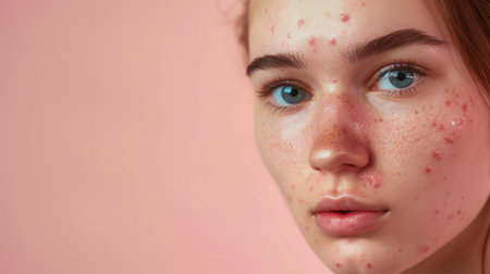 A close-up portrait of a young woman with acne on her face. Her skin appears red and inflamed.の素材