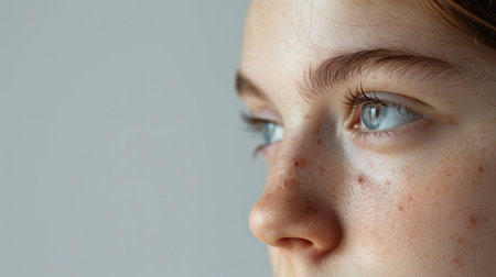 A close-up portrait of a young woman with acne on her skin. She has blue eyes and appears to be looking off to the side with a melancholic expression.の素材