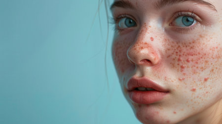 A close-up portrait of a young woman with acne on her face. The image captures the womans sadness and the visible imperfections on her skin.の素材