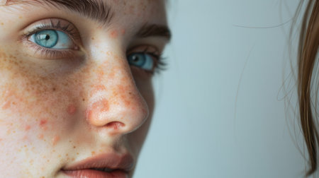 A close-up portrait of a young woman with acne and blue eyes. She looks directly at the camera with a sad expression.の素材