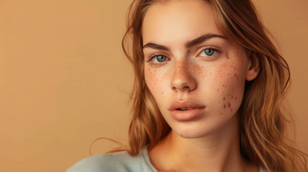 Close-up photo of a young woman with acne, looking sad directly at the camera. Captured indoors with a neutral background.の素材