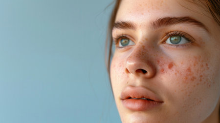 A close-up portrait of a young woman with acne. She has a sad expression and her skin is red and inflamed.の素材