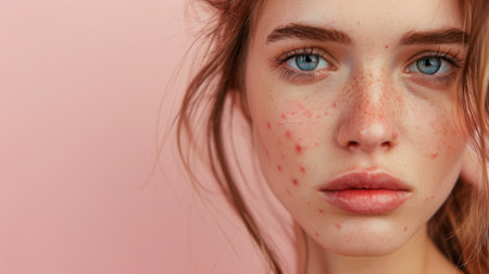 A close-up portrait of a young woman with acne, showing the severity of her skin condition before treatment.の素材