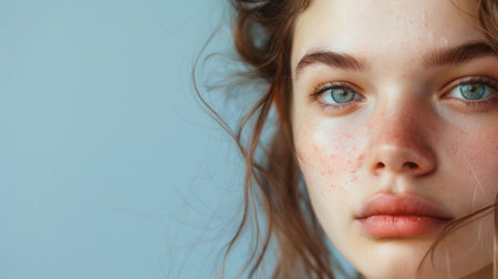A close-up portrait of a young woman with acne. She has light brown hair, blue eyes, and a sad expression.の素材