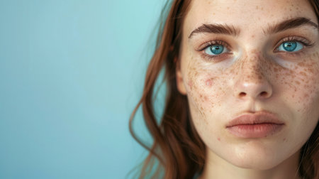 A close-up portrait of a young woman with acne and freckles on her face. She is looking directly at the camera with a sad expression.の素材