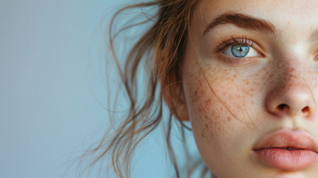 A close-up portrait of a young woman with acne and freckles on her face, her blue eyes looking directly at the camera with a slightly sad expression.の素材