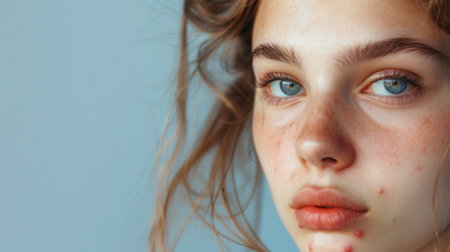 A close-up portrait of a young woman with acne on her face.の素材