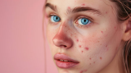 A close-up portrait of a young woman with acne, showing the red marks and blemishes on her skin. Her blue eyes are visible, and she has a sad expression.の素材
