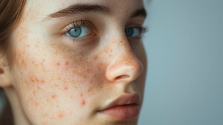 A close-up portrait of a young woman with acne and freckles on her face.の素材