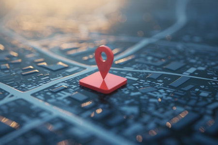 A minimalist image depicting a red location pin on a contemporary, clean city map background. Ideal for navigation apps, travel services, and location-based businesses.の素材
