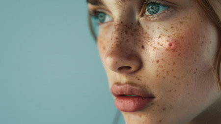A close-up portrait of a young woman with acne on her face.の素材