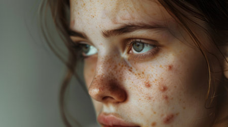A close-up portrait of a young woman with acne on her face. She appears sad and thoughtful.の素材