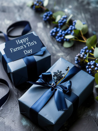 Two beautifully wrapped gift boxes in shades of blue with dark blue ribbons and a Happy Fathers Day tag. Perfect for celebrating Fathers Day.の素材