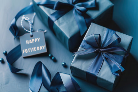 Two gift boxes wrapped in elegant blue paper with dark blue ribbons, a Happy Fathers Day tag, and a blue background.の素材