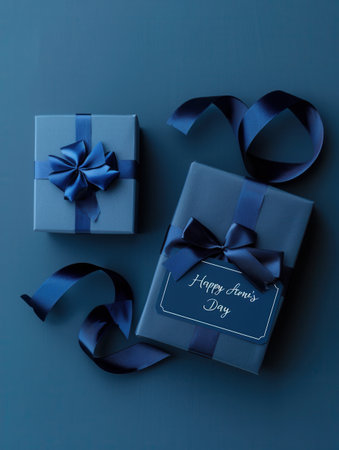 Two elegantly wrapped gift boxes in varying shades of blue, adorned with dark blue ribbons, sit on a blue background with a Happy Fathers Day tag.の素材