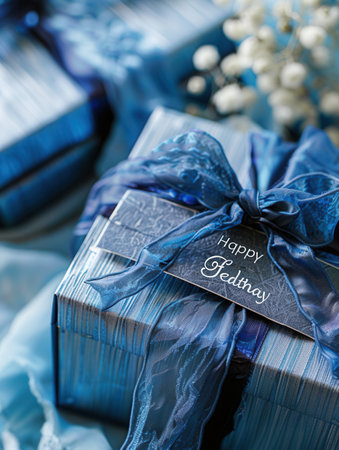 Two gorgeous blue gift boxes with dark blue ribbons and a Happy Fathers Day tag, set against a festive blue background.の素材