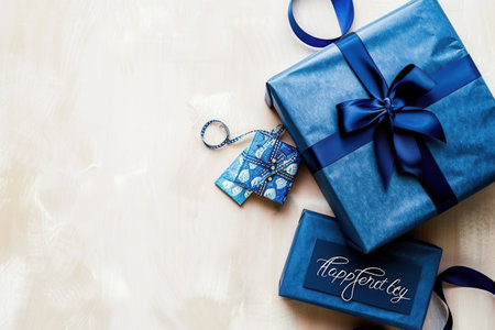 Two elegantly wrapped gift boxes in varying shades of blue, tied with dark blue ribbons and a Happy Fathers Day tag.の素材