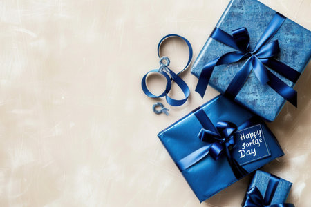 Three blue gift boxes wrapped with satin blue ribbon and a Happy Fathers Day tag on a cream background.の素材
