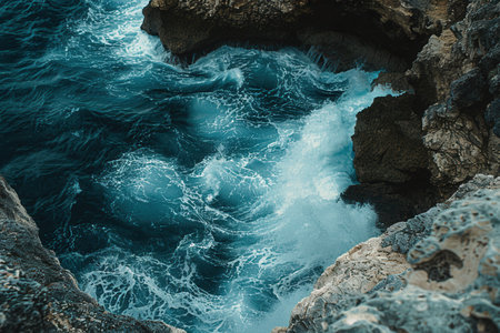 Dramatic shot of ocean waves crashing against rugged rocks, perfect for surf schools and adventure tourism companies.の素材