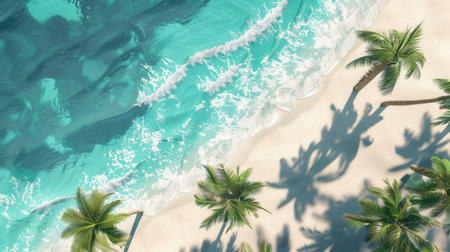 An aerial view of a pristine tropical beach, showing casing white sand, crystal-clear turquoise water, and lush palm trees swaying in the gentle breeze.の素材