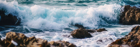 A powerful wave crashes against rugged rocks, creating a stunning scene of natures raw beauty.の素材