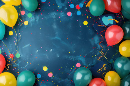 A blue background with colorful balloons, confetti, and graduation symbols, perfect for celebrating a graduation party.の素材