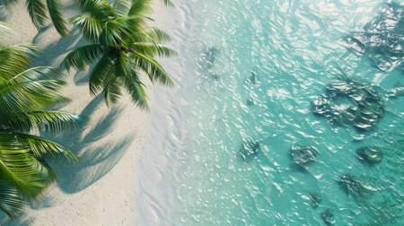 An aerial view of a serene tropical beach with swaying palm trees, crystal clear turquoise water, and pristine white sand.の素材
