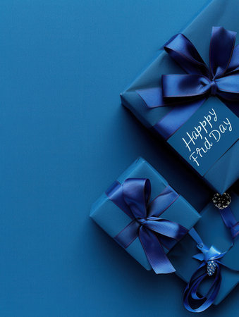 Two elegantly wrapped blue gift boxes tied with dark blue ribbons and a Happy Fathers Day tag.の素材