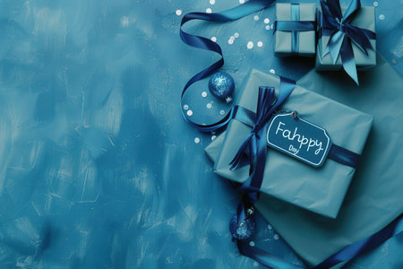 Two elegantly wrapped gift boxes in shades of blue with dark blue ribbons and a Happy Fathers Day tag on a blue background.の素材