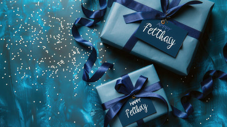 Two elegant blue gift boxes wrapped with dark blue ribbons and Happy Fathers Day tags, perfect for celebrating Fathers Day.の素材