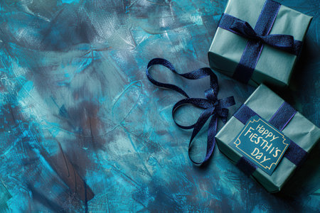 A close-up image of two elegantly wrapped blue gift boxes with dark blue ribbons, featuring a Happy Fathers Day tag.の素材