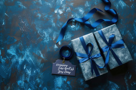 Two blue gift boxes with blue ribbons and a Happy Fathers Day tag on a blue background.の素材