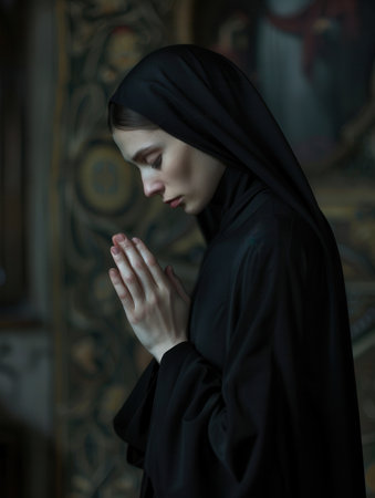 A portrait of a caucasian nun in black habit, deeply immersed in prayer inside a church.の素材