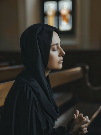 A Caucasian nun in a black habit is deeply engrossed in prayer while sitting in a church pew.の素材