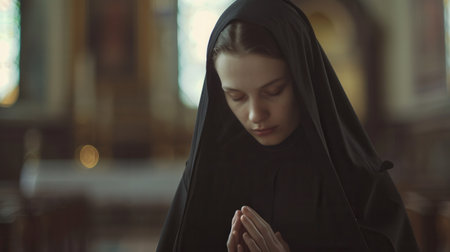 A devout nun in a black habit prays with her hands clasped together, deeply immersed in her prayer inside a church.の素材