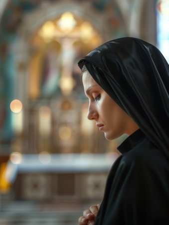A serene Caucasian nun dressed in a black habit deeply engrossed in prayer within a church. The image captures a moment of devout contemplation.の素材