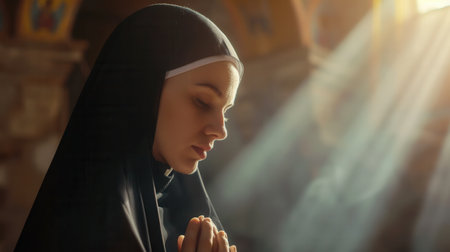 A caucasian nun wearing a black habit is deep in prayer inside a church. Sunlight streams through the windows, casting a soft glow on her face.の素材